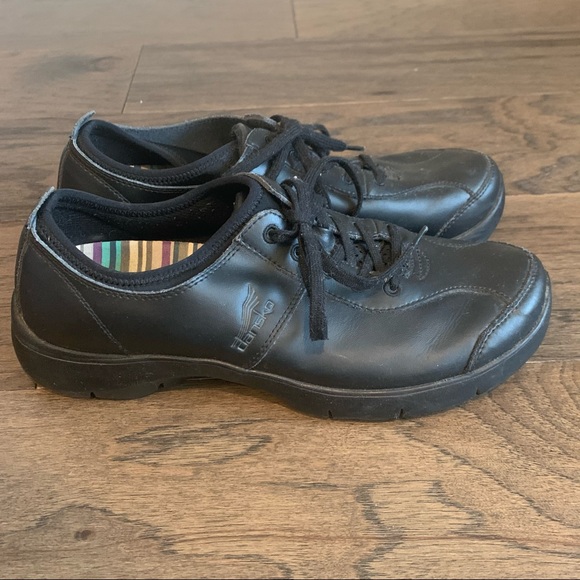 Dansko Elise Black Leather Oxford Work Shoes - Picture 2 of 11